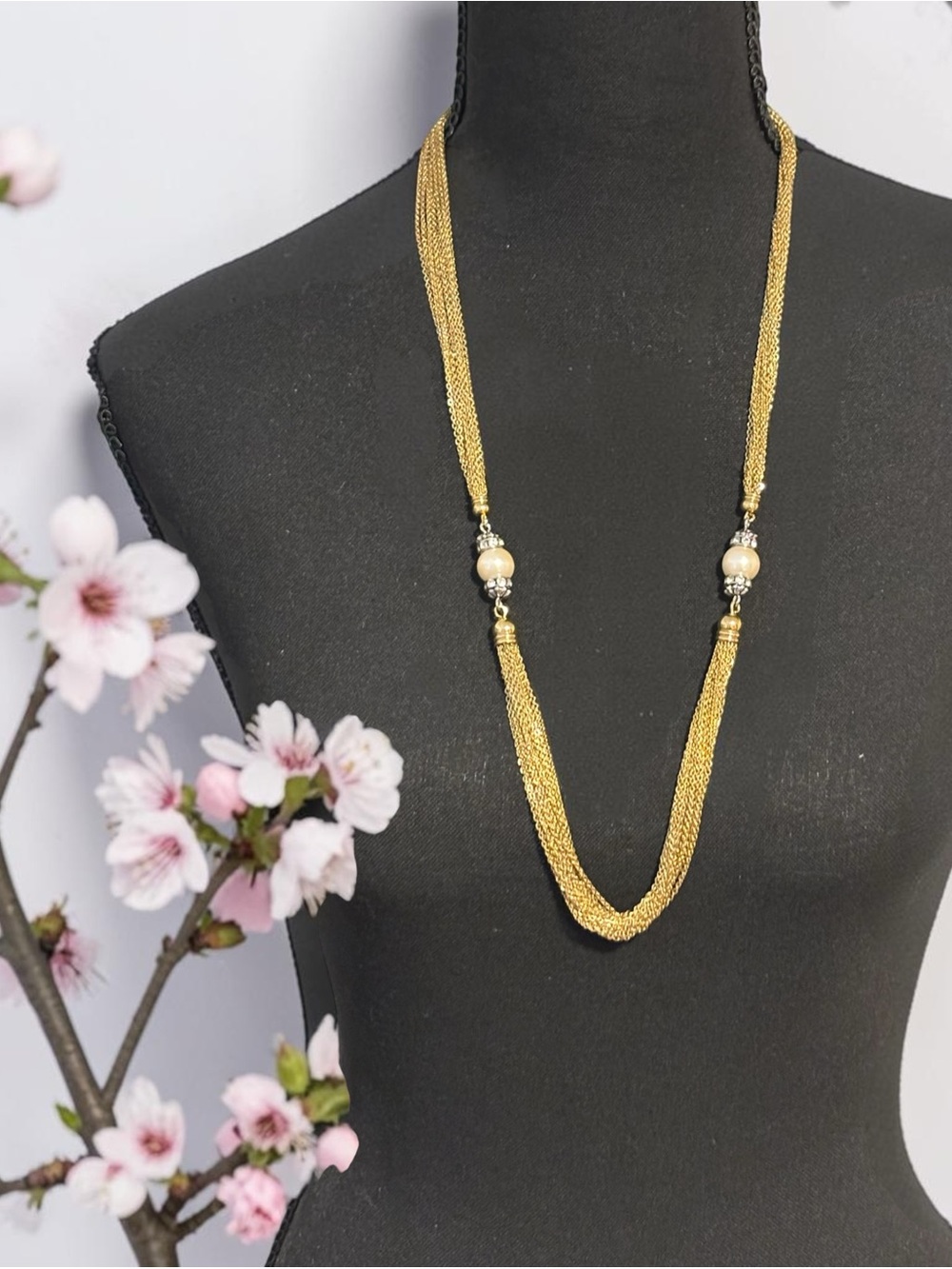 Jewels by Park Lane Gold Multi-Strand Long Necklace w/Faux Pearl & Crystals 28”